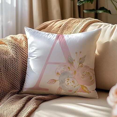 Dekokissenbezüge, Alphabet, dekorative Blumen, quadratische Buchstaben, für Sofa, Couch, Schlafzimmer, Autositz, Heimdekoration (Buchstabe A) thumbnail 4