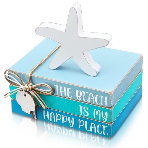 Pinkunn 4 Pcs Beach Tiered Tray Decor Table Centerpiece for Summer Starfish Coastal Rustic Wooden Block Blue and White Beach Nautical Decor Decorative Signs & Plaques for Home Shelf Mantel - Image 1