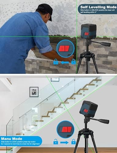 Laser Level, RockSeed Cross Line Laser with Self-Leveling, Vertical and Horizontal Line, Rotatable 360 Degree, Carrying Pouch, Battery Included (Green with 47 inch Tripod) thumbnail 2
