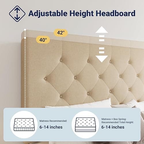 Allewie Upholstered Queen Size Platform Bed Frame with 4 Storage Drawers and Headboard, Diamond Stitched Button Tufted, Mattress Foundation with Wooden Slats Support, No Box Spring Needed, Beige thumbnail 4