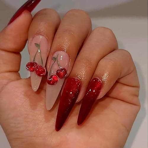 Gleamrain Red Press on Nails Long Stiletto Glue on Nails Almond Shape with 3d Cherry and Cat eye Design for Women and Girls for Christmas Parties Dances or Daily Use 24pcs - Image 1