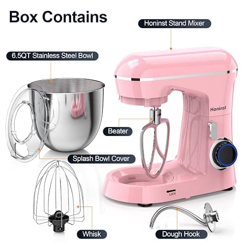 Honinst Stand Mixer, 6.5QT 10-Speed Tilt-Head Electric Stand Mixer, 3-In-1 Kitchen Mixer with Bowl, Dough Hook, Whisk and Beater, Food Mixer for Baking, Cake and Most Home Cooks, Pink thumbnail 3