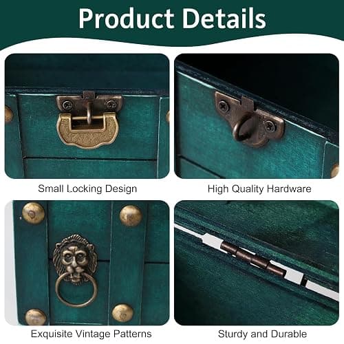 Vintage Wooden Treasure Chest, Jewelry Storage Box with Lock, Classical Storage and Decorative Box, Large Capacity Vintage Decorative Box, Jewelry Storing Storage Organizer for Home Decoration,Green thumbnail 9
