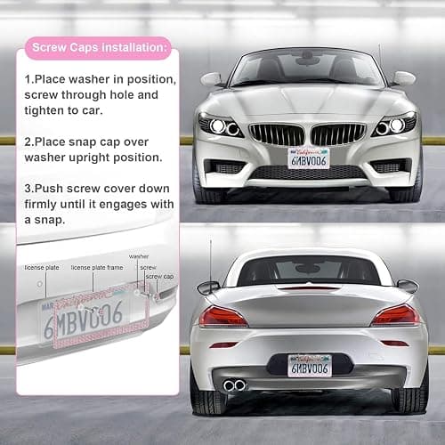 QUANQIUFEI 2 Pack Bling License Plate Frames for Women, Sparkly Rhinestone Diamond Car Accessories with Glitter Crystal Caps (Pink) thumbnail 5