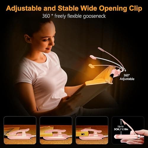 Gritin Rechargeable Book Light for Reading in Bed with 19 LED &Memory Function-Eye Caring 3 Color Temperatures,5 Brightness Levels,80 Hrs Runtime Flexible Goose Neck Clip on Light-Pink thumbnail 5