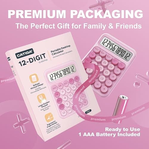 CATIGA Mechanical Switch Calculator, Pink Calculator with 12 Digit Large LCD Display & Big Buttons for Office Desk, Classroom Math, Back to School Supplies, Cute Aesthetic Desk Accessories thumbnail 5