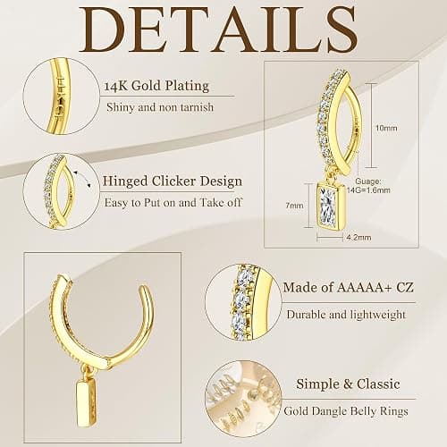 FIBO STEEL 14K Gold Plated Belly Button Rings for Women Clicker Dangle Belly Rings CZ Pearl Star Shells Barbell Navel Rings 316L Surgical Steel Belly Piercing Jewelry 14G thumbnail 6