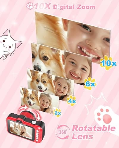 Uffylle Kids Camera, 1080P 48MP Front Selfie Toddler Camera, 3.5 inch Big Screen Toy Camera, 10X Zoom in Chritmas Birthday Gift Cameras for Kids Boys Girl Age 2 3 4 5 6 7 8 9 10 11 12, Red thumbnail 5