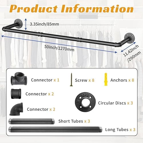 ZHLZHL 50 INCH Clothes Rack,Industrial Pipe Clothing Rack Wall Mounted,Heavy Duty Iron Garment Rack Retail Display Clothes Rod for Closet,Laundry Room,Black thumbnail 2