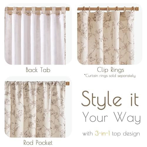 Lazzzy Farmhouse Linen Taupe Floral Curtains 96 Inch Long Back Tab Drapes for Living Room Bedroom Light Filtering Country Vintage Rod Pocket, 2 Panels, Taupe on Beige thumbnail 5