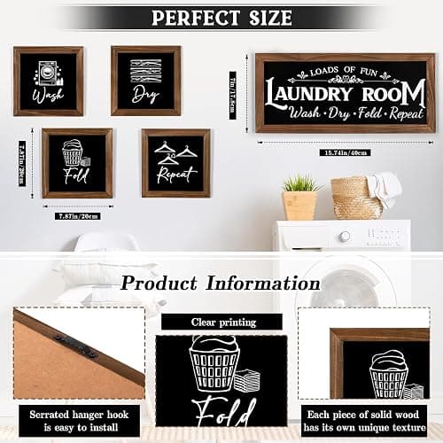 Laundry Room Wall Decor Set of 5 - Farmhouse Wood Signs with Wash Dry Fold Put Away, Rustic Laundry Room Art with Wood Frame Decorative Room Sign thumbnail 4