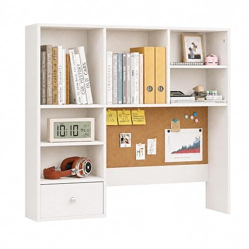 ELUREVIA White Desk Hutch with Cork Board for Photos and Reminders, Dorm Desk Hutch with Drawers and Shelves, Desktop Bookshelf for College Dorm, Student Bedroom, Compact Study Spaces - Image 1
