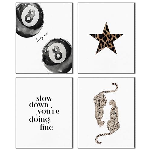 DOFQZ Trendy Black and White Leopard Inspirational Wall Art Prints Set of 4, Leopard Print Room Decor, Funky Cheetah Star Lucky 8 Ball Posters for Girls Bedroom Dorm Apartment Decor, 8x10 Unframed - Image 1