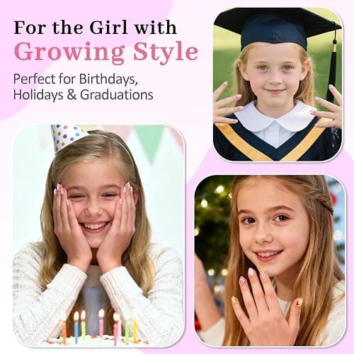 Qiek 16 Sizes 128 Pieces Press on Nails for Kids, 4 pack Kids Nail Kit Colorful Flower Almond Fake Nail Tips for Girls 8-12 Years Old with Jelly Nail Adhesives & Nail Glue Birthday Christmas Gifts thumbnail 7