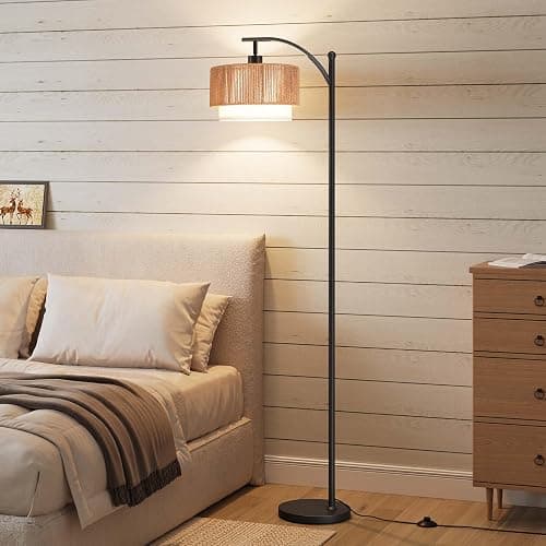 SUNMORY Floor Lamps for Living Room with 12W LED Bulb, Arc Floor Lamp with 3 Color Temperatures, Farmhouse Floor Lamps with Adjustable Rattan & Fabric Shades, Boho Standing Lamp for Bedroom, Corner thumbnail 6