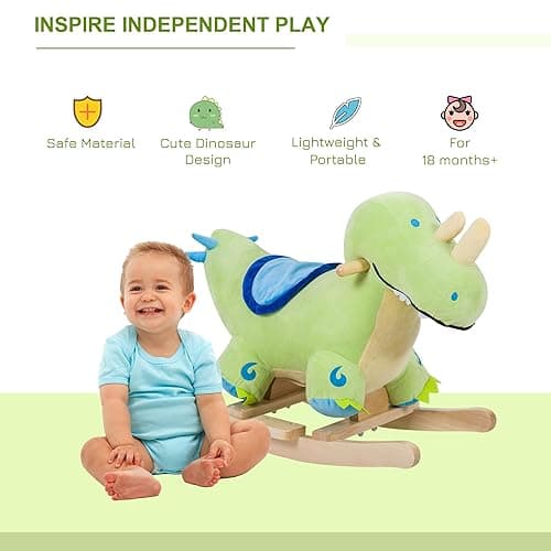 Qaba Kids Plush Ride-On Rocking Horse Toy Dinosaur Ride on Rocker Green with Realistic Sounds thumbnail 5
