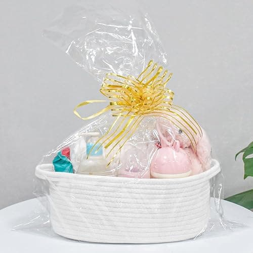 ABenkle Small Basket with Handles, Boho Decorative Rope Woven Dog Cat Toy Storage Bin Shelf Storage Organizer, Easter Christmas Gift Basket, 12"x8"x5", White thumbnail 4