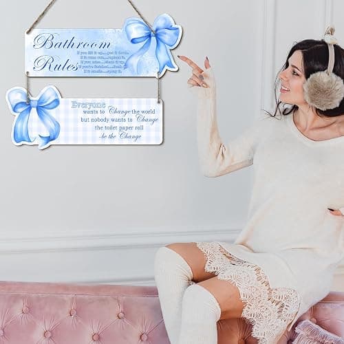 MUZRUYOU Blue Bathroom Signs, Blue Bow Wooden Bathroom Wall Hanging, Fun Rustic Decor for Girls' Rooms, Teen Bedroom Decor, Gifts for Daughters and Besties thumbnail 4