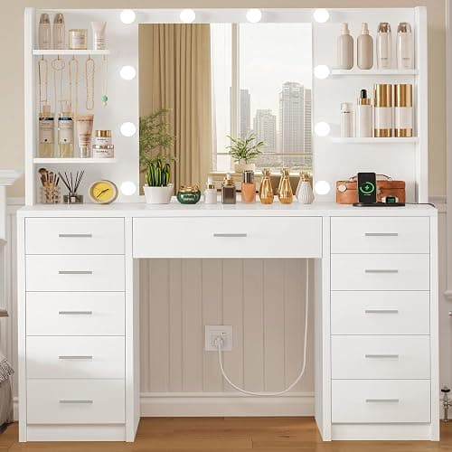 FIONESO Large Vanity Desk with Mirror and Lights, Makeup Vanity with 11 Drawers & 6 Open Shelves, 3 Lighting Modes, Brightness Adjustable, Vanity for Girls, White thumbnail 3