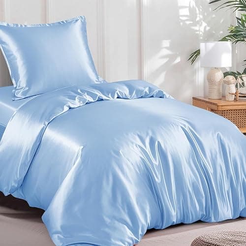 RUIKASI Satin Bettwäsche 135x200 Blau - Seidig Bettbezug mit Glanz wie Seiden Bettwäsche Set Hellblau für Haar und Haut, Glänzend Bettwäsche 135x200cm mit Reißverschluss und Kissenbezug 80x80cm thumbnail 2