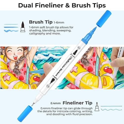 Ohuhu Markers for Adult Coloring Books No Bleeding 60 Colors Coloring Markers Water-based Dual Tips Fineliner & Brush Drawing Pens Art Pens for Kids Adults Sketch Journal - Maui - White thumbnail 3