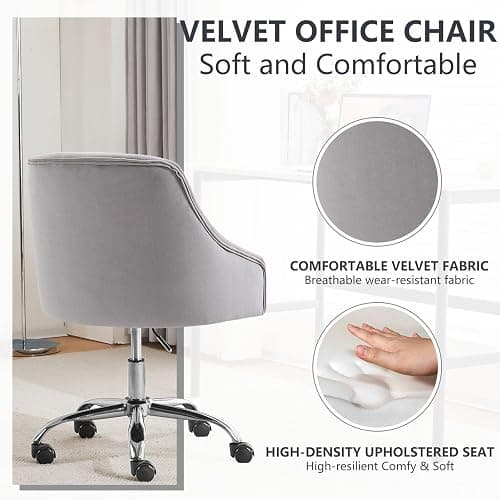 MOJAY Velvet Office Swivel Vanity Chair, Fabric Desk Pretty Fancy Gold Office Chair for Girls, 360°Swivel Height Adjustable Reception Chair (Grey) - Grey thumbnail 4