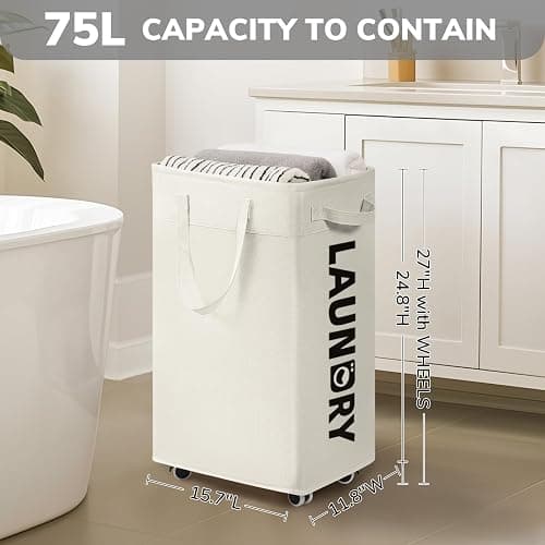 Goodpick Laundry Hamper with Wheels, 75L College Dorm Room Essentials, Clothes Hamper with Removable Wash Bag for Bedroom, Large Laundry Basket with Handle, White thumbnail 2