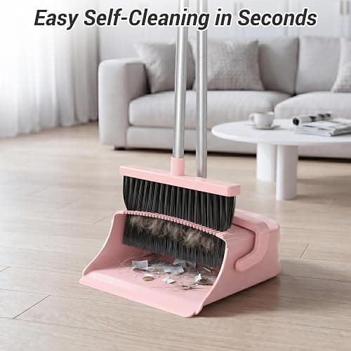 Zeawec Broom with Dustpan Combo Set, Long Handle Upright Standing Self-Cleaning Broom and Dustpan Set for Pet Hair & Dust Cleanup, Indoor Outdoor Use for Home, Kitchen, Office, Pink thumbnail 5