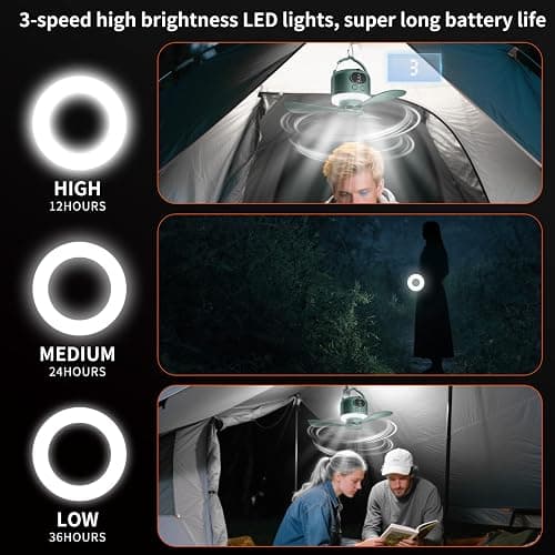 geonfi 11" Tent Fan with Light & Remote, Camping Ceiling Fan with 10040mAh Rechargeable Battery, Portable Hanging Fan for Tent, RV, Canopy, Outdoor Camping (Green, Centimeters, 28.9) thumbnail 4