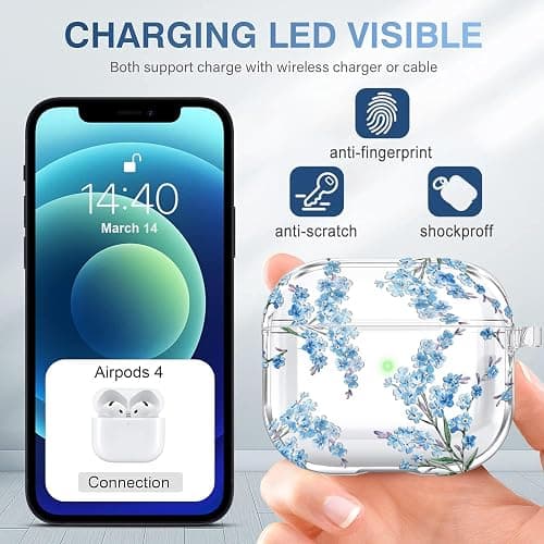 Case for AirPods 4 - Wonjury Clear Case Cover Floral Print Skin Women Girls Keychain Cleaner Tool for Apple Airpods 4th 2024 - Flower Blue thumbnail 5