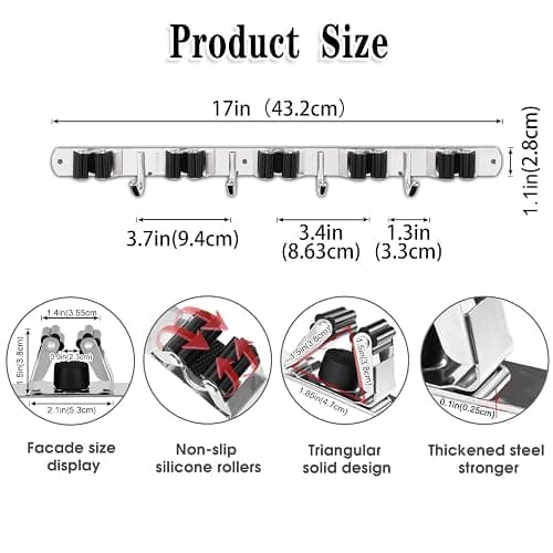 AceMining Broom Holder Wall Mount, 5 Racks 4 Hooks Heavy Duty Mop Organizer | Mop Holder Wall Mount and Broom Hanger for Garage, Laundry Room, Kitchen and Utility Storage thumbnail 2