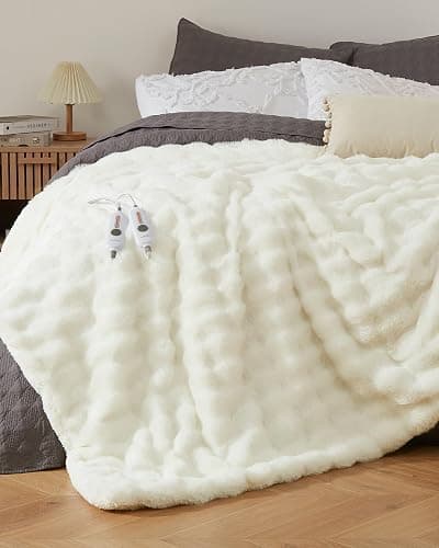 GarveeHome Heated Blanket Queen, Dual Control Faux Fur Electric Blanket with 4 Heat Settings, Soft Bubble Blanket with 8 Hour Auto-Off & Overheat Protection, for Gifts Home Couch or Bed, White - Image 1