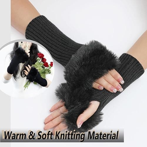 Lcaiualu Winter Women Fingerless Gloves Knitted Arm Warmers Hand Mittens ThumbHole Faux Fur Wrist Short Cuff for Women thumbnail 2