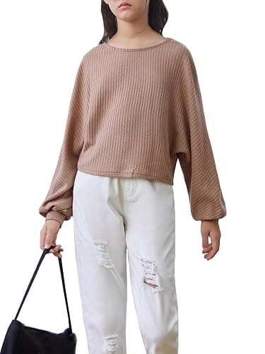 SweatyRocks Girl's Long Sleeve Ribbed T Shirt Round Neck Loose Pullover Tops thumbnail 4