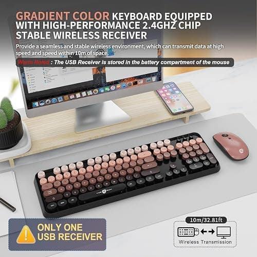 Wireless Keyboard and Mouse Combo, Retro Typewriter Style Keyboard with Round Keys, 2.4G Wireless Cute Keyboard and Mouse Set for PC, Laptop and Desktop-Black and Rose Gold thumbnail 2