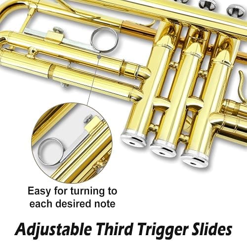 WUQIMUSC Bb Trumpet for Beginners, Standard B Flat Trumpet with 7C Mouthpiece, Hard Case, Gloves & Cleaning Cloth, Student Brass Instrument (Golden) thumbnail 3