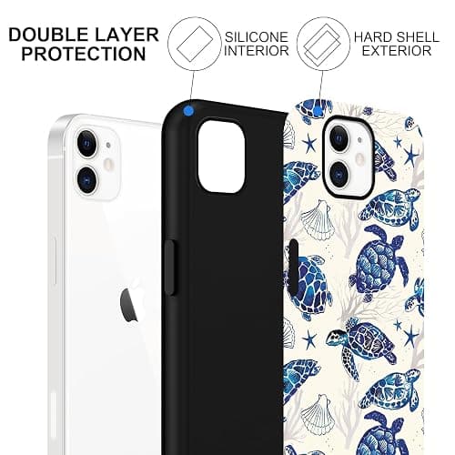 Vulfwela Summer Turtle Phone Case for iPhone 12/12 Pro, Shcokproof Cove for Women Men - White Blue Tortoise Shell thumbnail 2