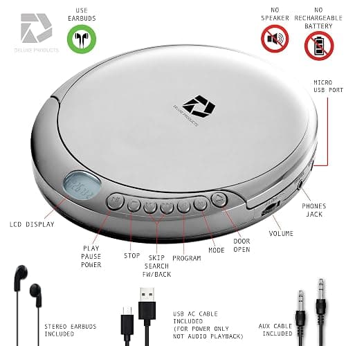 Deluxe Products CD Player Portable with 60 Second Anti Skip, Stereo Earbuds, Includes Aux in Cable and AC USB Power Cable for use at Home or in Car. Silver thumbnail 7