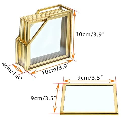 JuxYes Set of 7 Glass Coasters with Holder, Gold Elegant Cup Coasters for Coffee, Tea, Wine - Square Brass Edge Glass Mats for Coffee Table thumbnail 3
