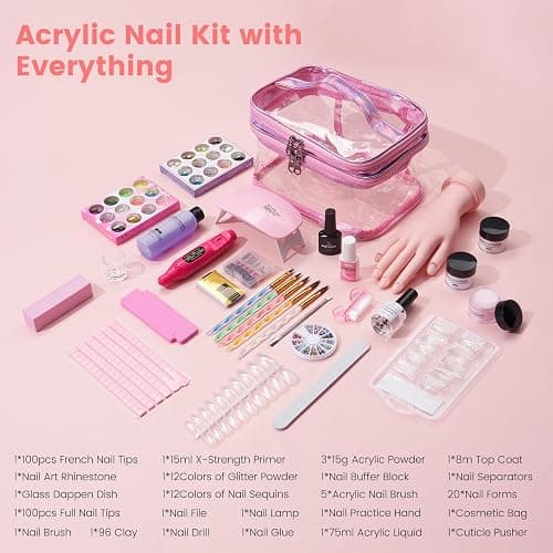 Nail Kit for Beginners with Everything: Professional Nail Acrylic Powder Liquid Set with Practice Hand Drill U V Light in Cosmetic Bag for Women Salon Home (Pink) thumbnail 3