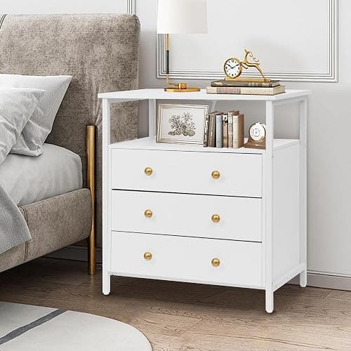 Edbuosy 3 Wooden Drawers Night Stand, 27 Inch Wide Nightstand with Charging Station and Adjustable Drawers, Small Dresser for Closet, Bedside Table for Living Room/Bedroom/Office, White. thumbnail 6
