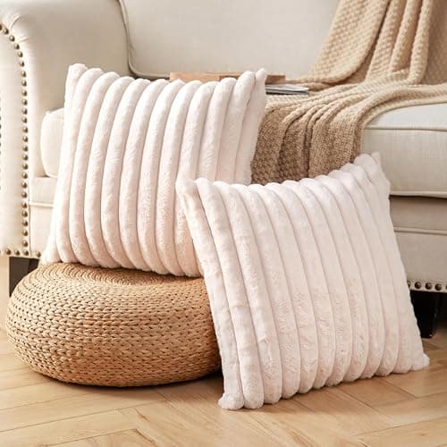 DEELAND Pack of 2,Double-Sided Faux Fur Plush Decorative Throw Pillow Covers Fuzzy Striped Soft Pillowcase Cushion Covers for Sofa Couch Bedroom Beige 16x16 inch thumbnail 3