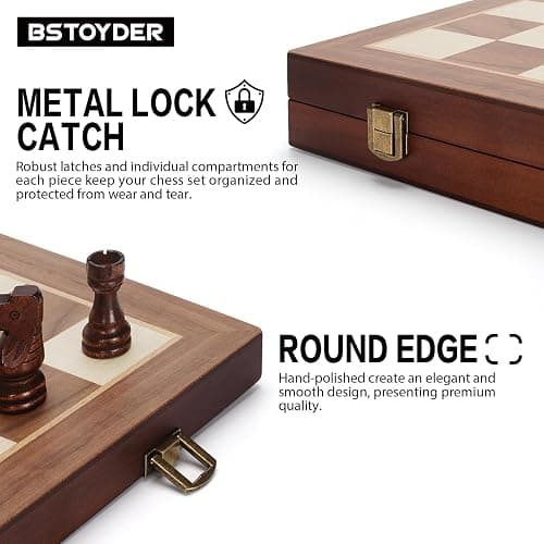2 in 1 Magnetic Wooden Chess and Checkers Board Game Set, 15" Folding Chess Boards with 2 Extra Queens, Portable Travel Chess Sets with Pieces Storage Slots, Beginner Chess Game Set for Kids, Adults thumbnail 7