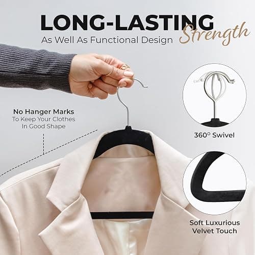Our Modern Space 100 Pack Velvet Hanger for Shirt Pants Dresses Skirts Suits Jackets - Slim Space Saving Design - Standard Coat Hanger - Sturdy & Durable Design with Shoulder Grooves Hook thumbnail 4