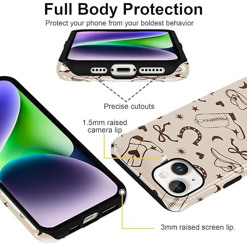 Yomjew Western Phone Case for iPhone 13 / iPhone 14 6.1", Retro Rustic Beige Country Bow Boots Hat Pattern Design Case Glossy Shockproof Cover Soft TPU Hard PC Protection Funda for Girls Women thumbnail 3