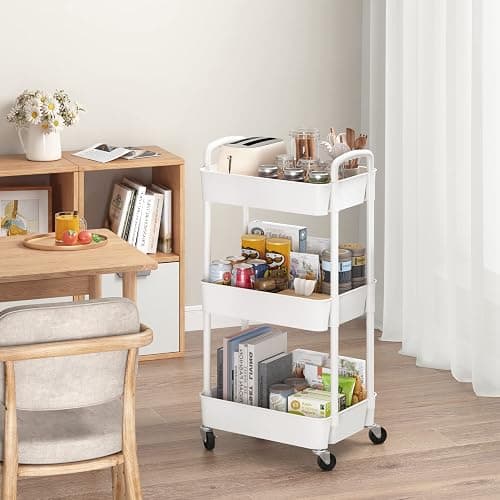 Sywhitta 3-Tier Plastic Rolling Utility Cart with Handle, Multi-Functional Storage Trolley for Office, Living Room, Kitchen, Movable Storage Organizer with Wheels, White thumbnail 2