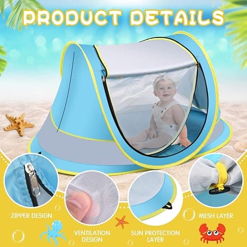 Baby Beach Tent,Large Pop Up Beach Tent Sun Shade for Beach,Portable Baby Travel Tent with Mosquito Net,Indoor Baby Play Tent,UPF 50+ UV Protection Sun Shelters for Infants thumbnail 3