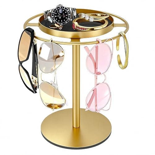 LSK Metal Sunglasses Organizer, Glasses Holder Stand with Storgae Tray, Eyeglasses Holder with Anti-Slip Pads for Tabletop, Desk, Dresser, Gold - Image 1