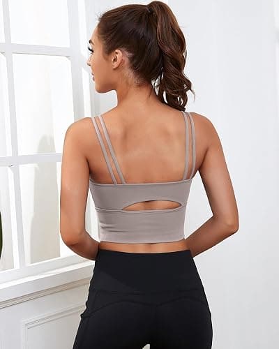 Everrysea Sports Bras for Women High Support Longline Workout Tank Tops Built in Bra Strappy Yoga Padded Crop Top - Medium - Light Brown thumbnail 2