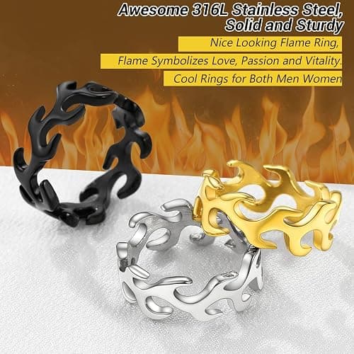 PROSTEEL Mens Cool Flame Rings 316L Stainless Steel Jewelry, Silver/Gold/Black Tone, Midi Finger Ring, Thumb Ring, Pinky Ring, Size 7-14, Come with Box thumbnail 3